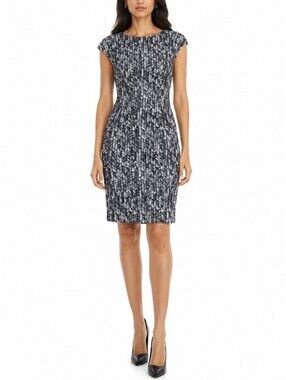 ESCADA Granite Herringbone Silk Sheath Dress Size 8 Black White Quiet Luxury